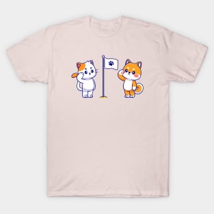 Cute Cat and Cute Shiba Inu Respect Paw Flag Cartoon T-Shirt